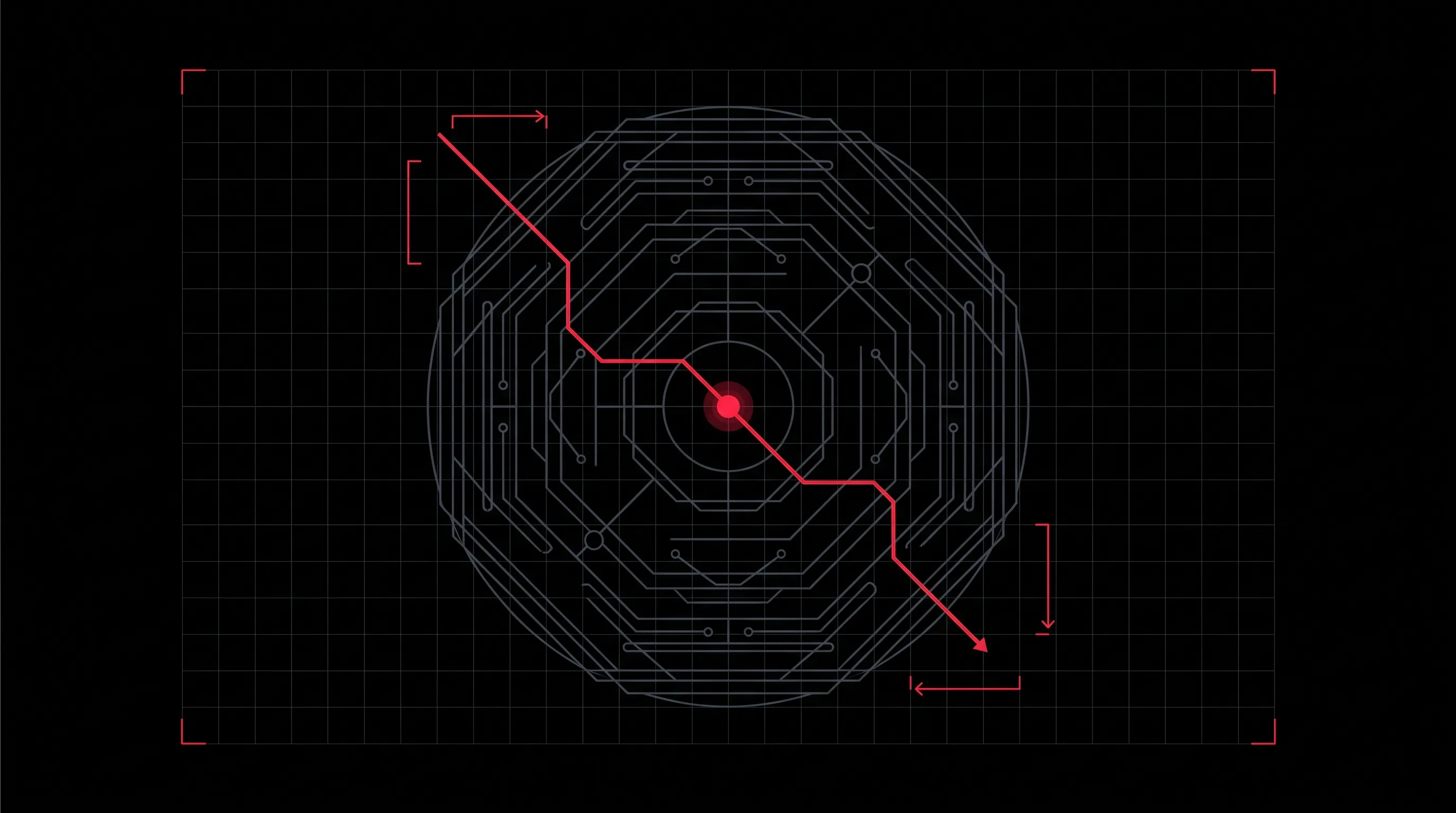 Esquema técnico de un perímetro de red con una ruta de intrusión trazada en rojo que atraviesa las capas hasta el nodo central