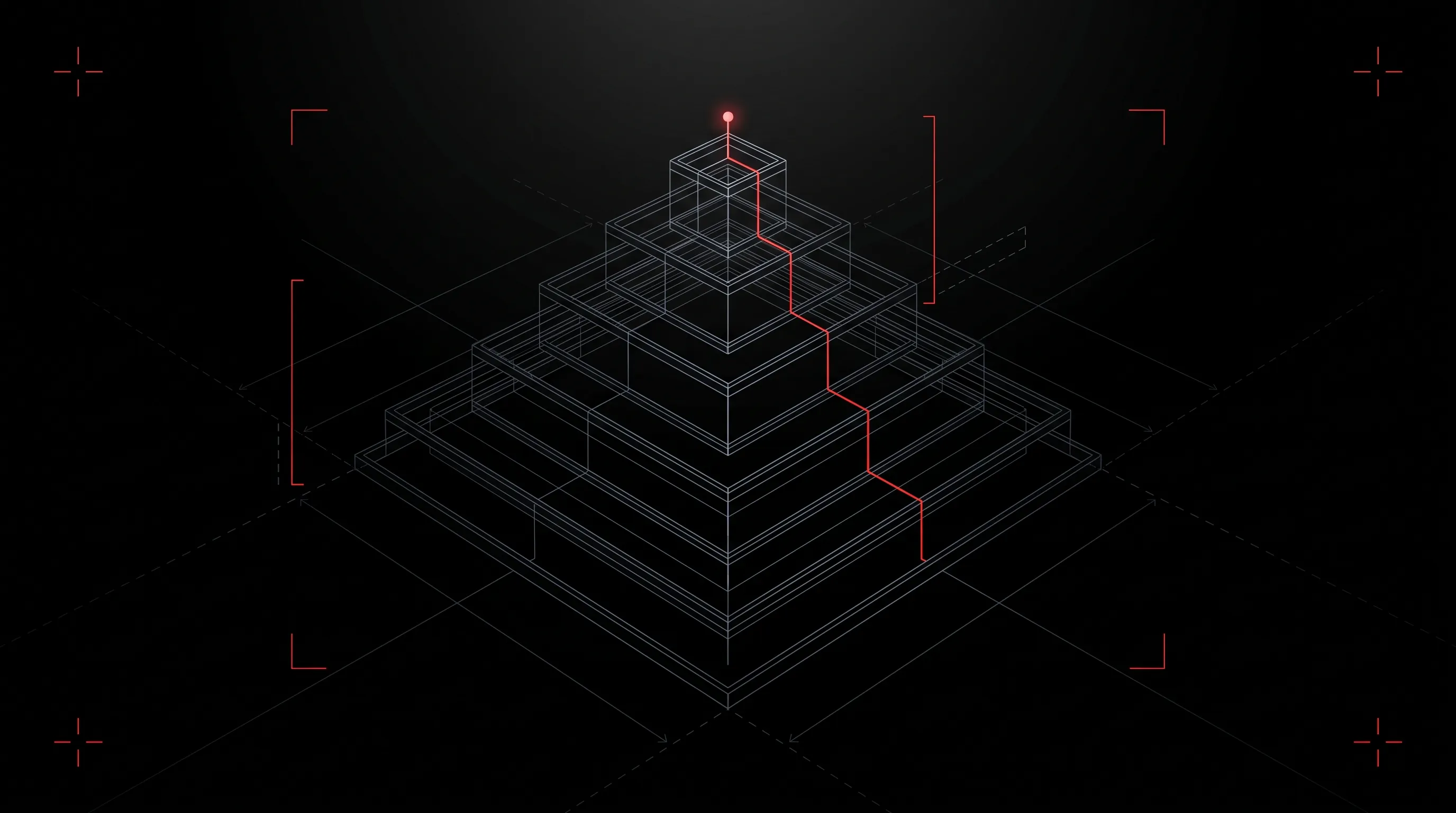 Esquema isométrico de una estructura escalonada de capas regulatorias, con una ruta roja que asciende por los niveles hasta un nodo en la cima